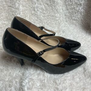 Pleaser pink label black patent faux leather Mary Jane heels pointed toe SZ16
